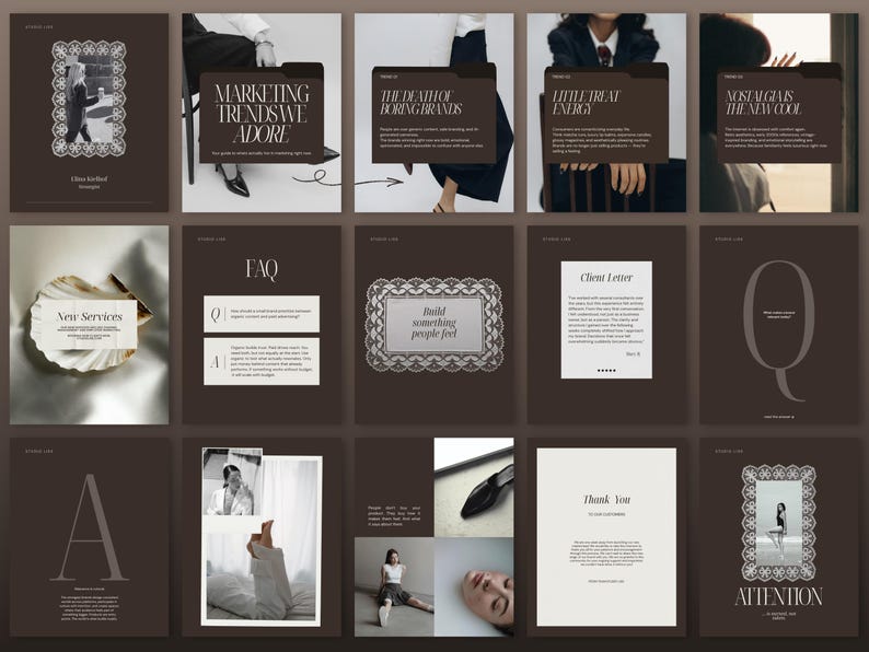 Flat lay showcase of multiple Instagram post templates in a luxury editorial style featuring marketing content, quotes, announcements and promotional designs in coordinated brown and neutral tones.