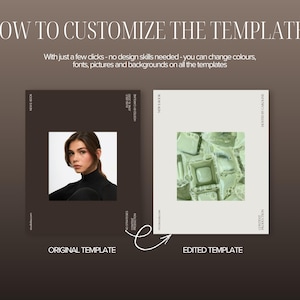 Before and after example showing how an editable Canva template can be customized by changing colors, photos and branding while keeping the same professional layout and design structure.