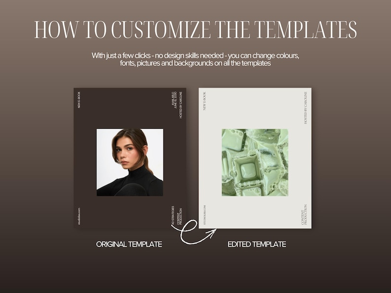 Before and after example showing how an editable Canva template can be customized by changing colors, photos and branding while keeping the same professional layout and design structure.