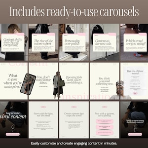 "Includes ready-to-use carousels" slide showing two complete ready-to-post carousel sequences: a 5-slide content trends carousel (The rise of the micro-expert, Personality over polish, Content as the new ads) and a 5-slide viral content workflow carousel (Start with the idea, Create content that stops the scroll, Post with a system). Tagline: Easily customize and create engaging content in minutes.