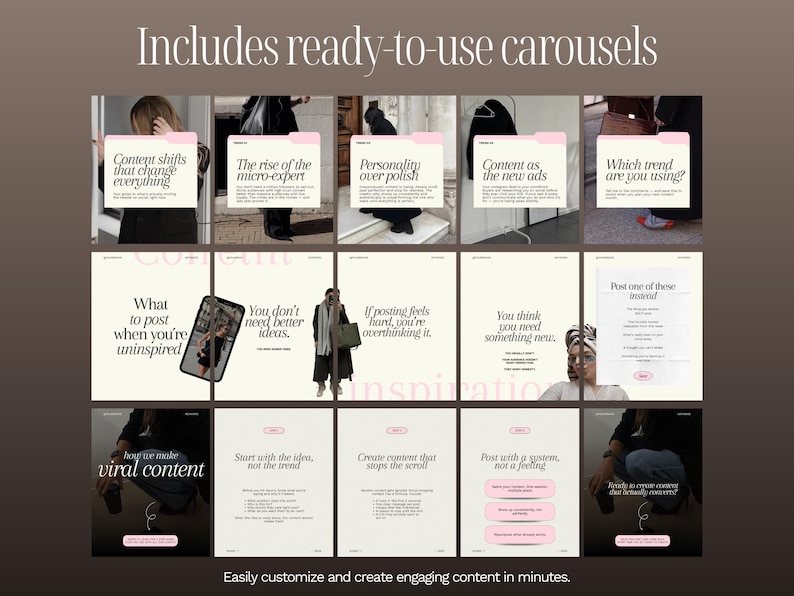 "Includes ready-to-use carousels" slide showing two complete ready-to-post carousel sequences: a 5-slide content trends carousel (The rise of the micro-expert, Personality over polish, Content as the new ads) and a 5-slide viral content workflow carousel (Start with the idea, Create content that stops the scroll, Post with a system). Tagline: Easily customize and create engaging content in minutes.