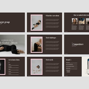 May include: A presentation layout with a dark brown background and white text. The slides include the text "Target group", "What they care about", "How we unlock their trust", "Their challenges", "Competitors", "Get to know them", "Their needs", and "Brand A".