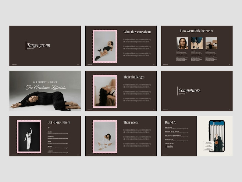 May include: A presentation layout with a dark brown background and white text. The slides include the text "Target group", "What they care about", "How we unlock their trust", "Their challenges", "Competitors", "Get to know them", "Their needs", and "Brand A".