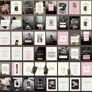May include: A collection of social media templates featuring a neutral color palette of cream, black, and soft pink. The grid displays various layouts with typography, photographic elements, and text boxes designed for digital content creation.