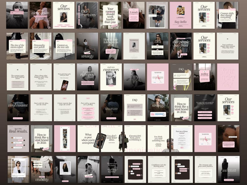 May include: A collection of social media templates featuring a neutral color palette of cream, black, and soft pink. The grid displays various layouts with typography, photographic elements, and text boxes designed for digital content creation.
