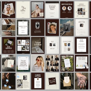 A grid preview of elegant beige and brown Instagram templates for a creative business, featuring minimalist serif typography, portfolio and “About me” pages, client testimonials, services, team introduction layouts, and moody lifestyle photos with a modern editorial aesthetic.