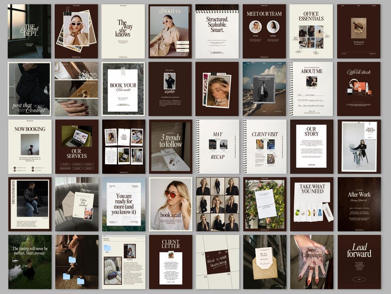 A grid preview of elegant beige and brown Instagram templates for a creative business, featuring minimalist serif typography, portfolio and “About me” pages, client testimonials, services, team introduction layouts, and moody lifestyle photos with a modern editorial aesthetic.