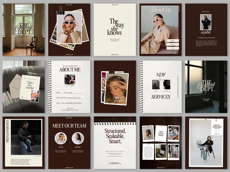 A grid preview of elegant beige and brown Instagram templates for a creative business, featuring minimalist serif typography, portfolio and “About me” pages, client testimonials, services, team introduction layouts, and moody lifestyle photos with a modern editorial aesthetic.