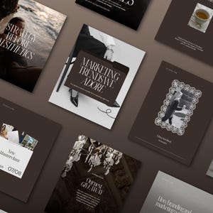 Flat lay showcase of multiple Instagram post templates in a luxury editorial style featuring marketing content, quotes, announcements and promotional designs in coordinated brown and neutral tones.