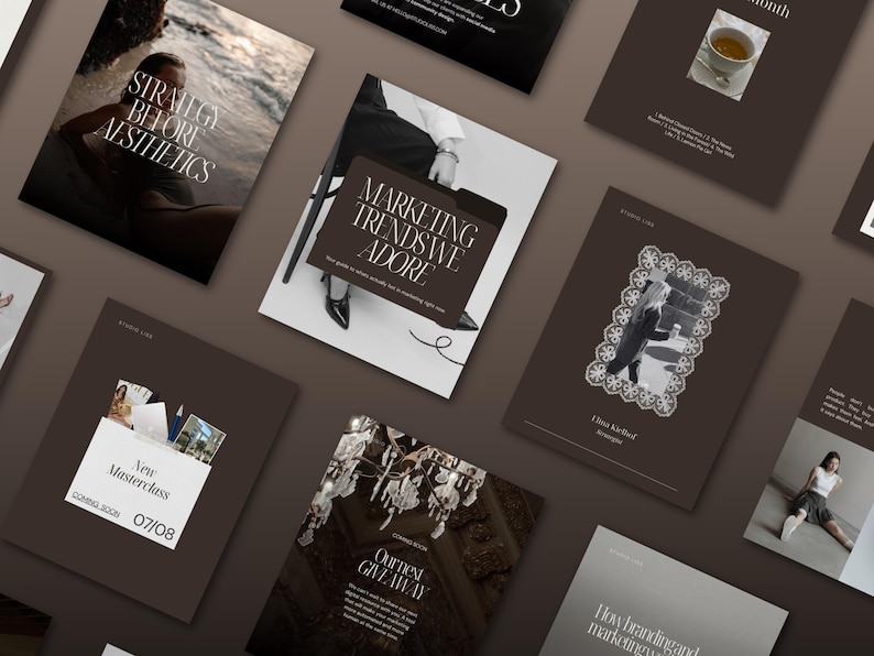 Flat lay showcase of multiple Instagram post templates in a luxury editorial style featuring marketing content, quotes, announcements and promotional designs in coordinated brown and neutral tones.