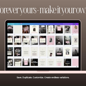 "Forever yours — make it your own" slide showing a pink laptop mockup with the Canva editor open, displaying all 50 templates in a grid view. Tagline reads: Save. Duplicate. Customize. Create endless variations.