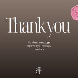 Closing "Thank you" slide on a dark brown gradient background with large elegant white serif typography. Pink bow wax seal in the top right corner. Text reads: "Send me a message anytime if you have any questions." The Social Friend monogram logo at the bottom center.