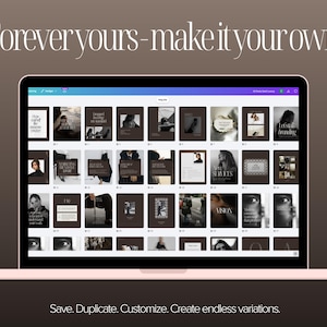 Laptop screen displaying the complete Canva template library with dozens of editable Instagram posts and stories, showing the full collection included in the social media template bundle.