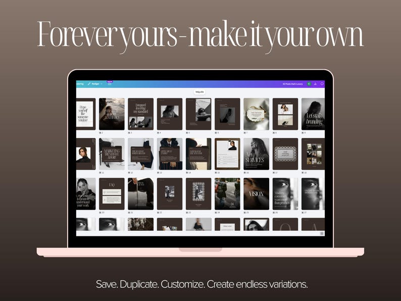 Laptop screen displaying the complete Canva template library with dozens of editable Instagram posts and stories, showing the full collection included in the social media template bundle.