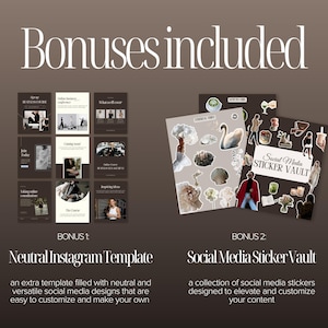 Bonus resources included with the Instagram template bundle, featuring an additional neutral Canva template pack and a social media sticker collection for customizing Instagram content.