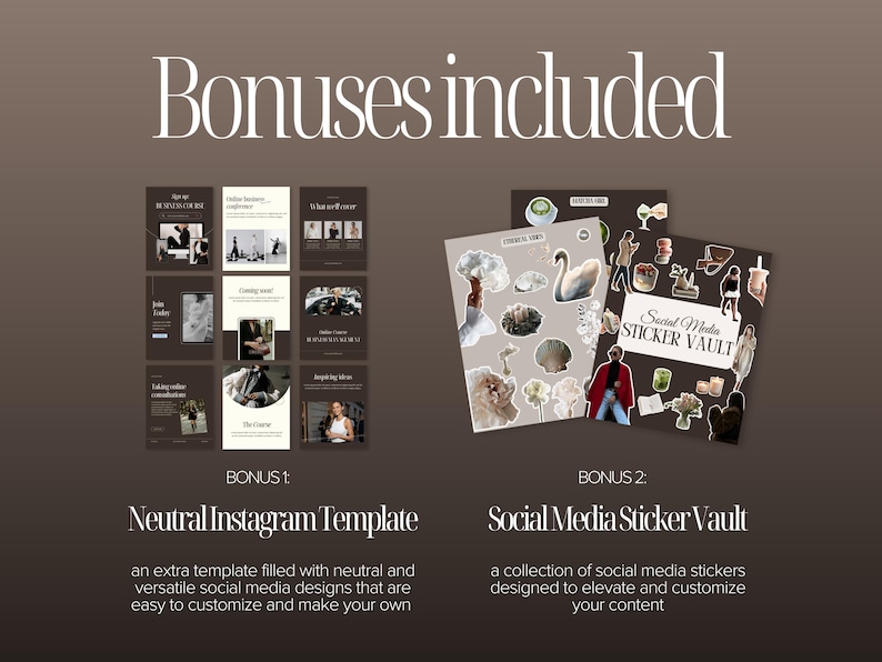 Bonus resources included with the Instagram template bundle, featuring an additional neutral Canva template pack and a social media sticker collection for customizing Instagram content.