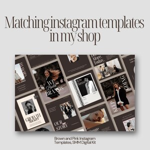 May include: A collection of brown and pink Instagram templates with various layouts and images. The templates feature text such as "We Build Brands", "Growth Trackers", and "Our Story". The phrase "Matching instagram templates in my shop" is at the top.