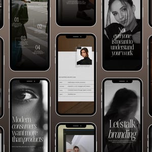 A collection of smartphones displaying instagram branding content. The posts showns feature text like "Modern consumers want more than products" and "Let's talk branding." The color scheme is primarily black, white, and brown, with images of people.