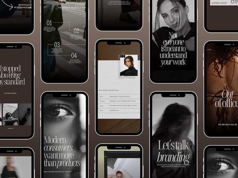 A collection of smartphones displaying instagram branding content. The posts showns feature text like "Modern consumers want more than products" and "Let's talk branding." The color scheme is primarily black, white, and brown, with images of people.