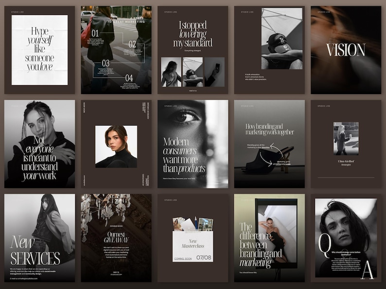 A collection of social media posts with a dark brown and white color scheme. The posts has an exclusive and luxurious look and feature text like "Hype yourself like someone you love" and "New SERVICES". Other posts include images of people and text about branding and marketing.