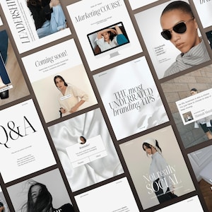 Könnte beinhalten: Eine Sammlung von Grafiken zum Thema Marketing und Branding. Die Bilder zeigen Texte wie "Leadership", "Marketing Course", "Q&A" und "Your best branding starts now". Die Farbpalette ist hauptsächlich Schwarz, Weiß und neutrale Töne, mit Bildern von Menschen.