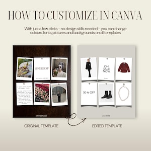 K&ouml;nnte beinhalten: Bild, das zeigt, wie man Vorlagen in Canva anpasst. Der Text lautet "HOW TO CUSTOMIZE IN CANVA" und "With just a few clicks - no design skills needed - you can change colours, fonts, pictures and backgrounds on all templates."