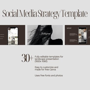 May include: A digital presentation template titled "Social Media Strategy Template" with three sections. The template includes a profile section, an Instagram section, and an in-feed section. The template is easy to customize and made for Canva, using free fonts and photos.