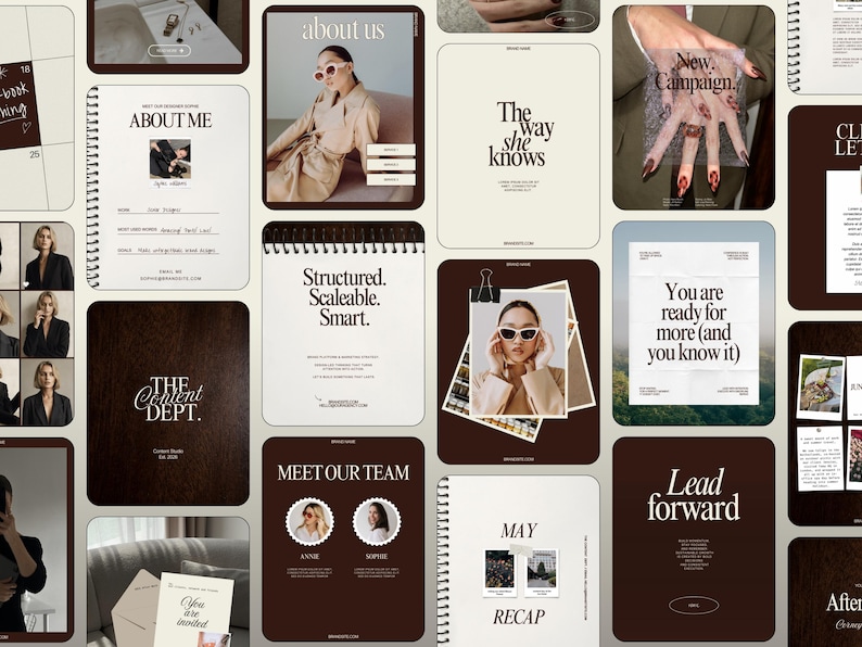 K&ouml;nnte beinhalten: Eine Collage aus verschiedenen Marketingmaterialien in Braun- und Cremet&ouml;nen. Die Bilder umfassen Notizb&uuml;cher, Flyer und Fotos. Der Text enth&auml;lt "About Us", "About Me", "The Content Dept." und "You are ready for more (and you know it)".