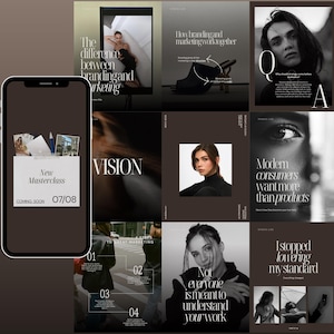 Mockup displaying multiple Instagram post templates arranged in a content grid alongside a mobile phone preview, showcasing educational, promotional and branding-focused Canva designs.