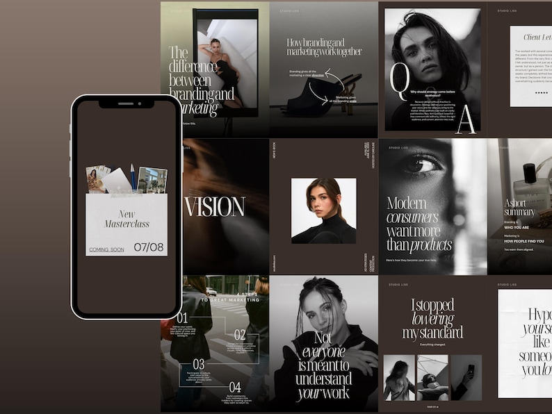 Mockup displaying multiple Instagram post templates arranged in a content grid alongside a mobile phone preview, showcasing educational, promotional and branding-focused Canva designs.