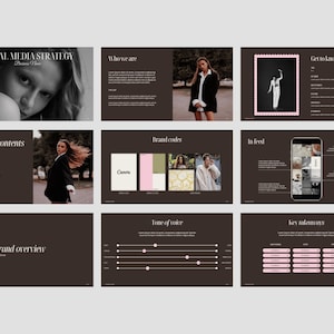 May include: A presentation with a dark brown background and white text. The slides include "Social Media Strategy", "Who we are", "Table of contents", "Brand codes", "In feed", "Get to know them", "Brand overview", "Tone of voice", and "Key takeaways".