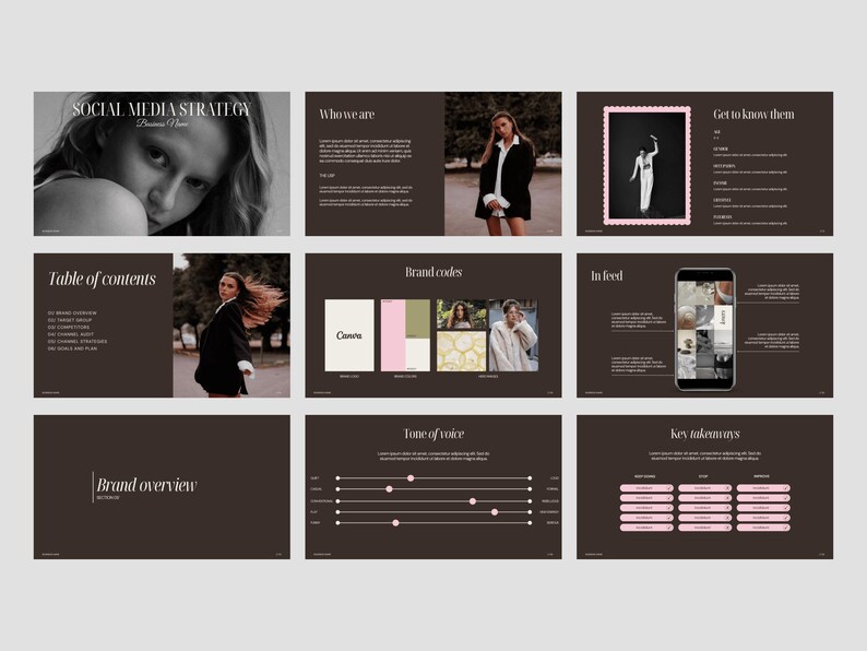 May include: A presentation with a dark brown background and white text. The slides include "Social Media Strategy", "Who we are", "Table of contents", "Brand codes", "In feed", "Get to know them", "Brand overview", "Tone of voice", and "Key takeaways".