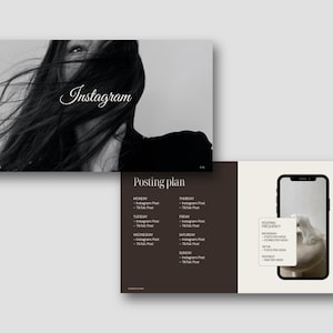 May include: A grayscale image featuring a woman with long, flowing hair and the word "Instagram" in elegant script. The image also includes a posting plan and a smartphone graphic with posting frequency details.