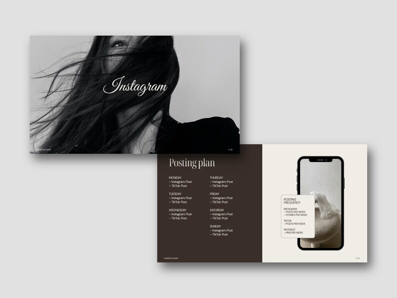 May include: A grayscale image featuring a woman with long, flowing hair and the word "Instagram" in elegant script. The image also includes a posting plan and a smartphone graphic with posting frequency details.