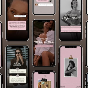 A preview of the instagram story designs, shown on iphones. The instagram stody designs are minimalistic and moderns with pastel pink text boxes and modern serif fonts.