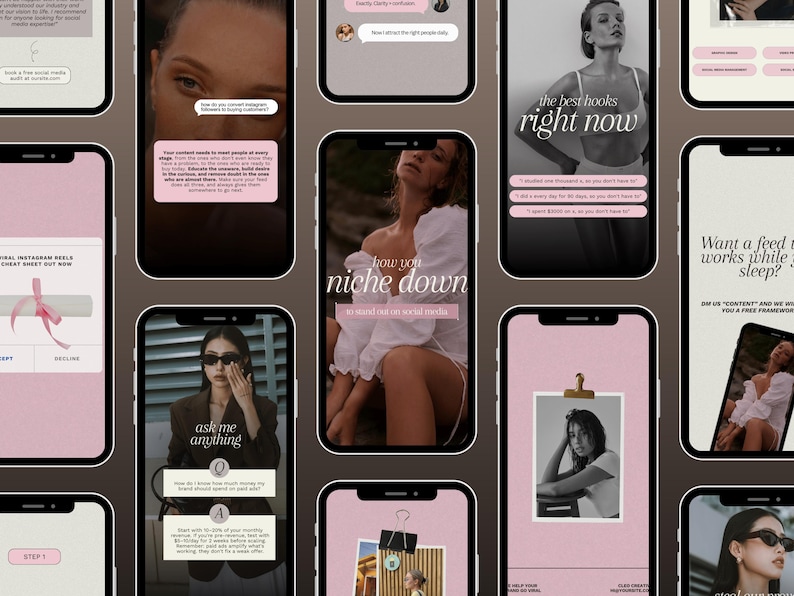 A preview of the instagram story designs, shown on iphones. The instagram stody designs are minimalistic and moderns with pastel pink text boxes and modern serif fonts.