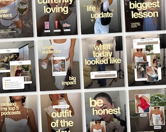 May include: A collage of twelve social media posts featuring lifestyle photography, including images of clothing, beverages, and daily activities, overlaid with bold yellow text such as currently loving, life update, and outfit of the day.