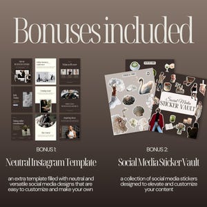 K&ouml;nnte beinhalten: Bild mit dem Text "Bonuses included" &uuml;ber zwei Bonusangeboten. Bonus 1 ist eine neutrale Instagram-Vorlage. Bonus 2 ist ein Social-Media-Sticker-Vault. Das Bild enth&auml;lt Beispiele f&uuml;r die Vorlagen und Aufkleber.