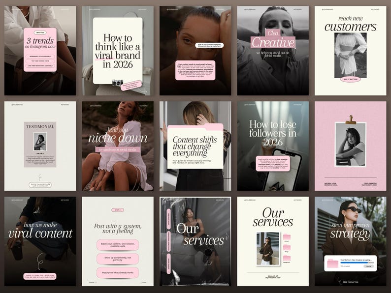 Overview grid of 15 editorial Instagram Canva templates in cream, pink, and dark moody tones. Includes carousels on viral brand strategy, content trends, niche down, customer journey, and social media services pages.