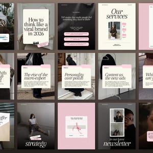 Third overview grid of 15 Canva Instagram templates including FAQ slides, pink clipboard design, social media toolbox freebie template, testimonial card, viral content carousel, step-by-step process slides in cream, and a soft pink "Your lucky day" template.
