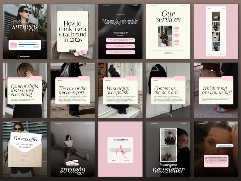 Third overview grid of 15 Canva Instagram templates including FAQ slides, pink clipboard design, social media toolbox freebie template, testimonial card, viral content carousel, step-by-step process slides in cream, and a soft pink "Your lucky day" template.