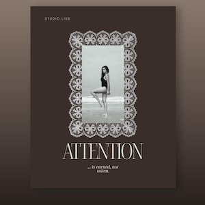 Close-up preview of an editable Instagram post template featuring elegant typography, a decorative lace frame and luxury branding design in a dark brown and neutral color palette.