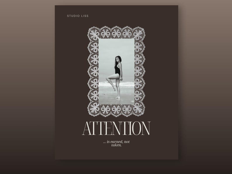 Close-up preview of an editable Instagram post template featuring elegant typography, a decorative lace frame and luxury branding design in a dark brown and neutral color palette.