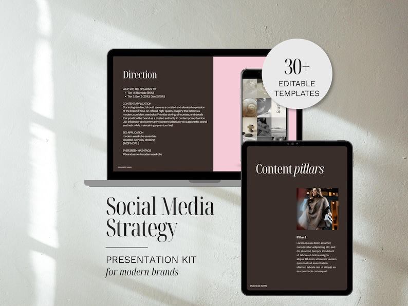 Aesthetic social media strategy template with dark brown and pink accents.