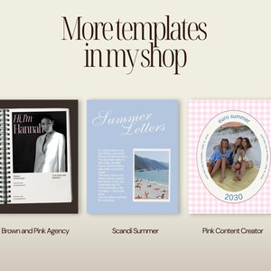 K&ouml;nnte beinhalten: Bild mit drei Vorlagen: "Brown and Pink Agency" mit Foto und Text, "Scandi Summer" mit Strandfoto und "Pink Content Creator" mit Foto von Personen. Der Text "More templates in my shop" steht oben.
