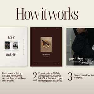 K&ouml;nnte beinhalten: Ein Bild mit dem Text "How it works" oben. Darunter befinden sich drei Tafeln mit Anweisungen: "Kaufe das Angebot", "Lade die PDF-Datei herunter" und "Anpassen, herunterladen und posten!" Das Bild enth&auml;lt ein Notizbuch und zwei digitale Mockups.