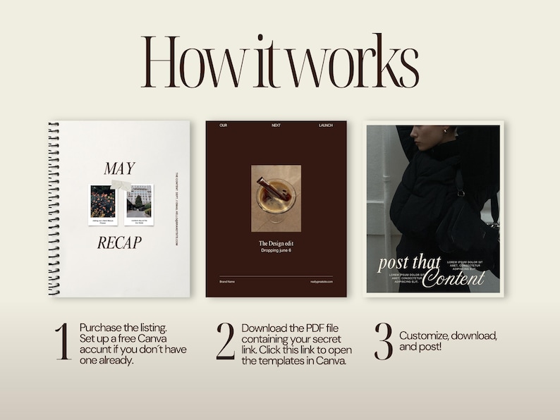 K&ouml;nnte beinhalten: Ein Bild mit dem Text "How it works" oben. Darunter befinden sich drei Tafeln mit Anweisungen: "Kaufe das Angebot", "Lade die PDF-Datei herunter" und "Anpassen, herunterladen und posten!" Das Bild enth&auml;lt ein Notizbuch und zwei digitale Mockups.