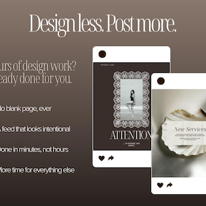 Instagram template mockups displayed on mobile screens with messaging focused on saving time, creating consistent branding and posting professional content faster using ready-made Canva templates.