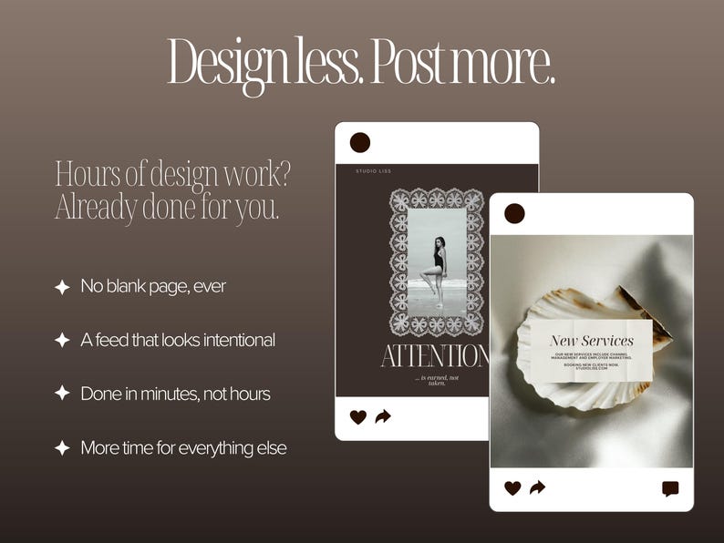 Instagram template mockups displayed on mobile screens with messaging focused on saving time, creating consistent branding and posting professional content faster using ready-made Canva templates.