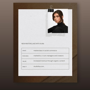 Editable Instagram post template featuring a minimalist masterclass announcement layout with a portrait photo, structured information table and luxury editorial design in brown and neutral tones.